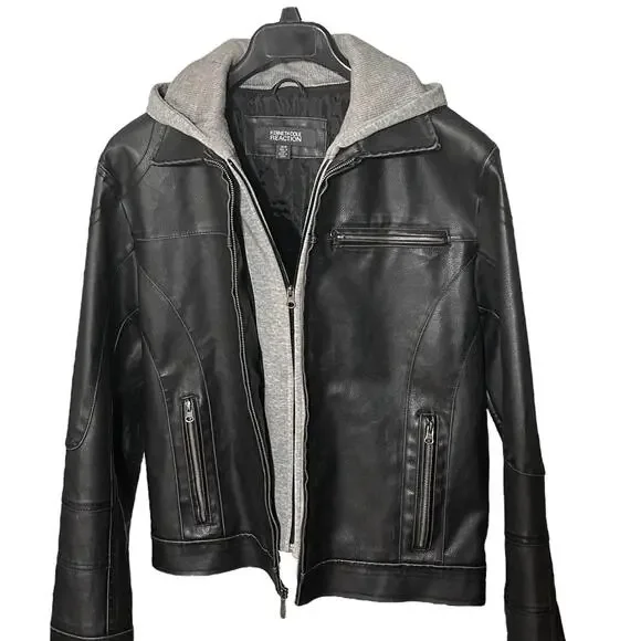 KENNETH COLE Vintage Mens M/L Black Bomber Moto Jacket w/ Zip-Out Fleece Hood - Picture 4 of 9